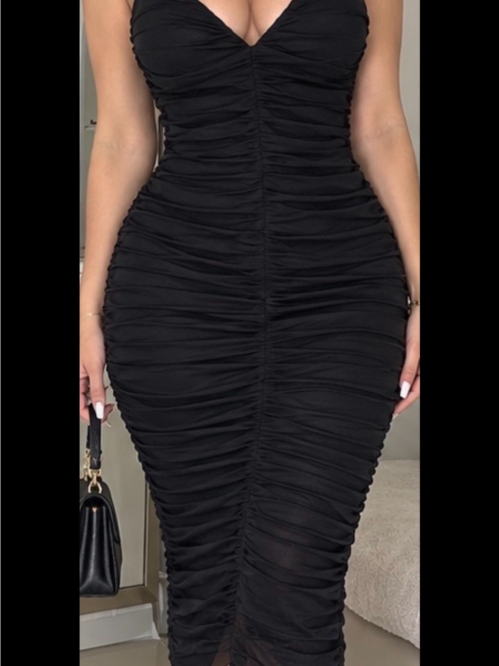 Zara Black Ruched Bodycon Midi Dress